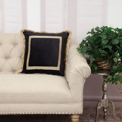 Boho Black with Gold Fringe Decorative Square Throw Pillow