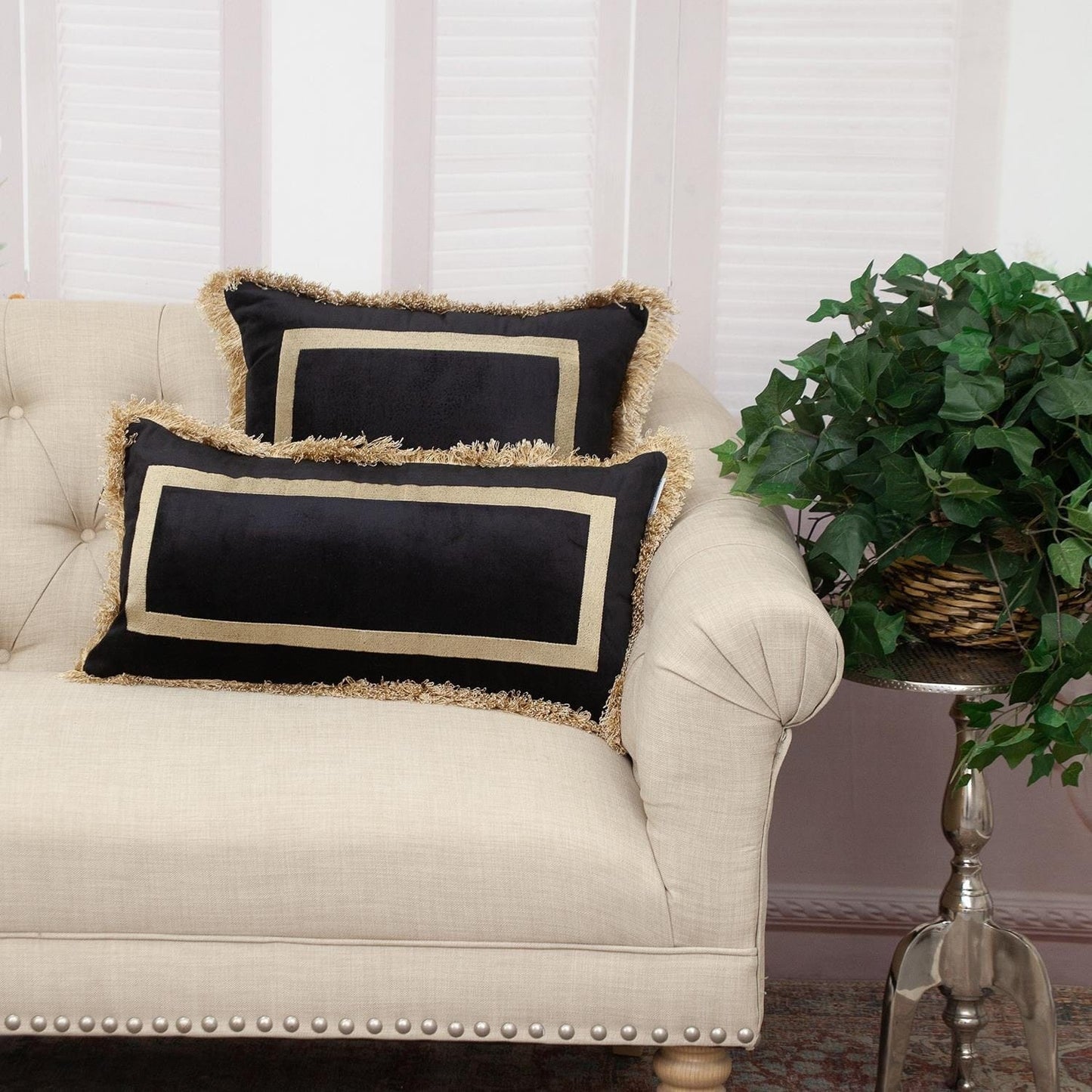 Boho Black with Gold Fringe Decorative Square Throw Pillow