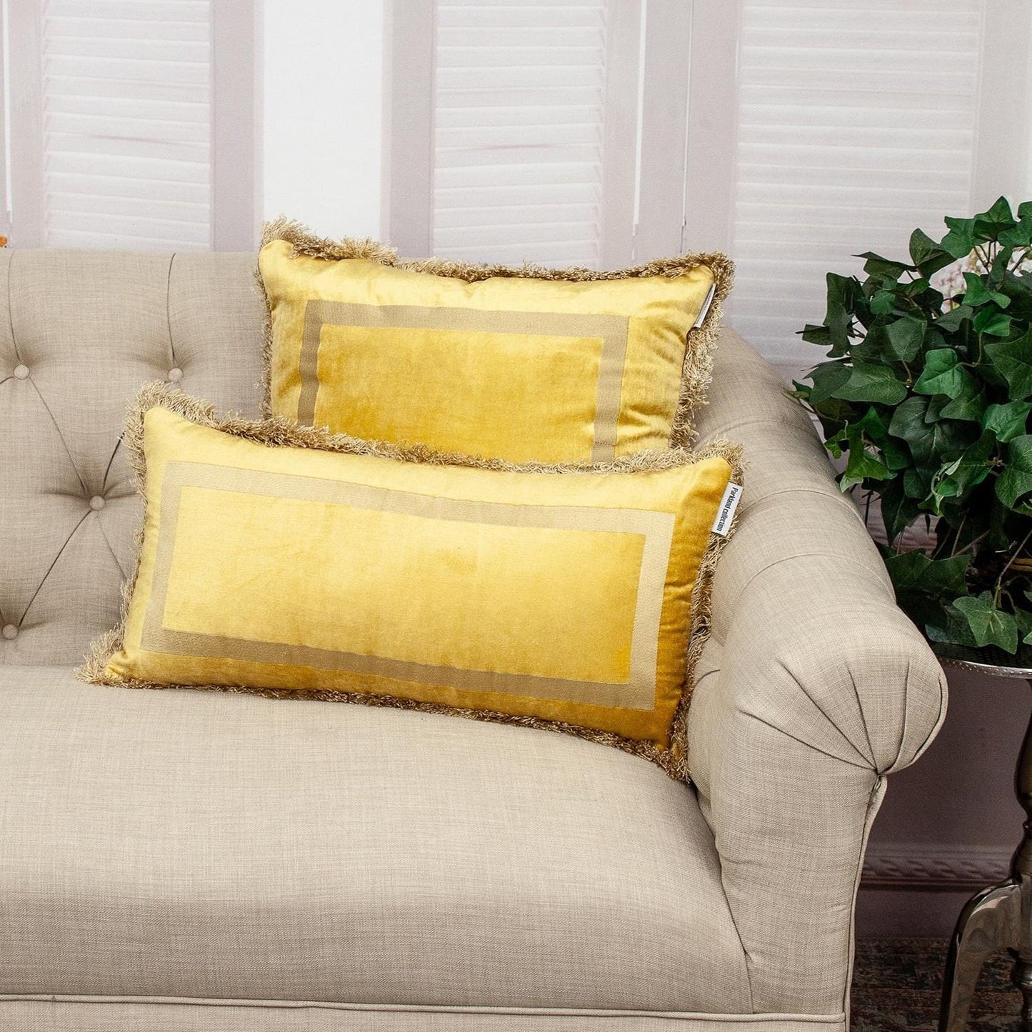 Boho Yellow with Gold Fringe Decorative Square Throw Pillow