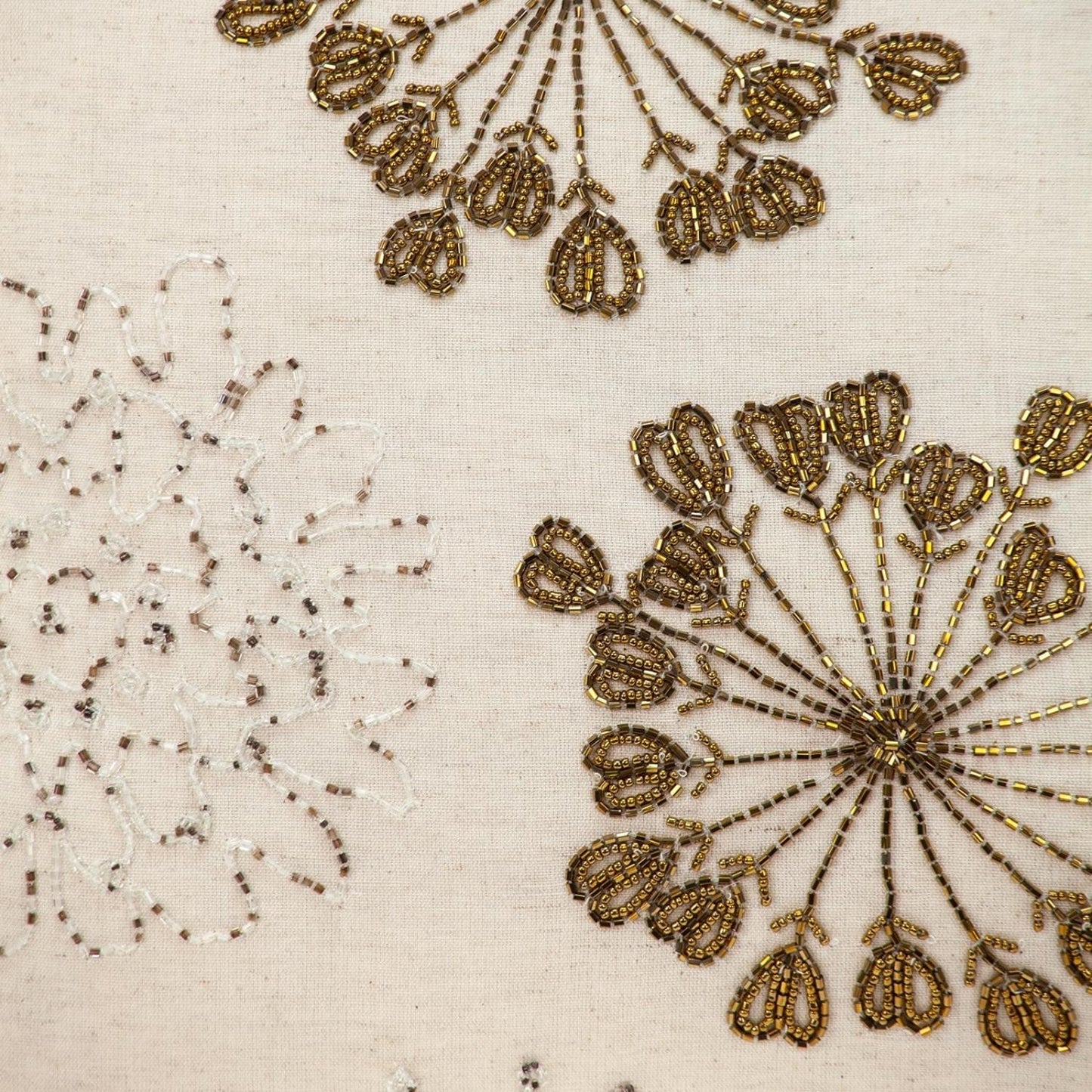 Natural and Golden Metallic Beaded Decorative Throw Pillow