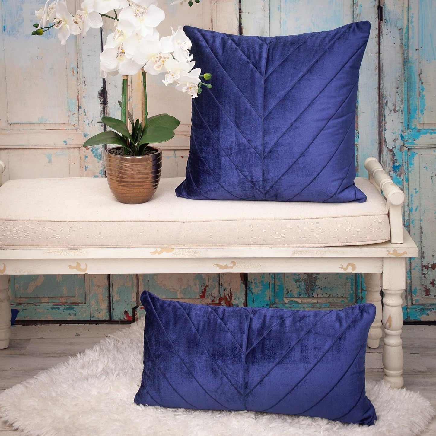 Quilted Velvet Arrows Blue Decorative Lumbar Pillow