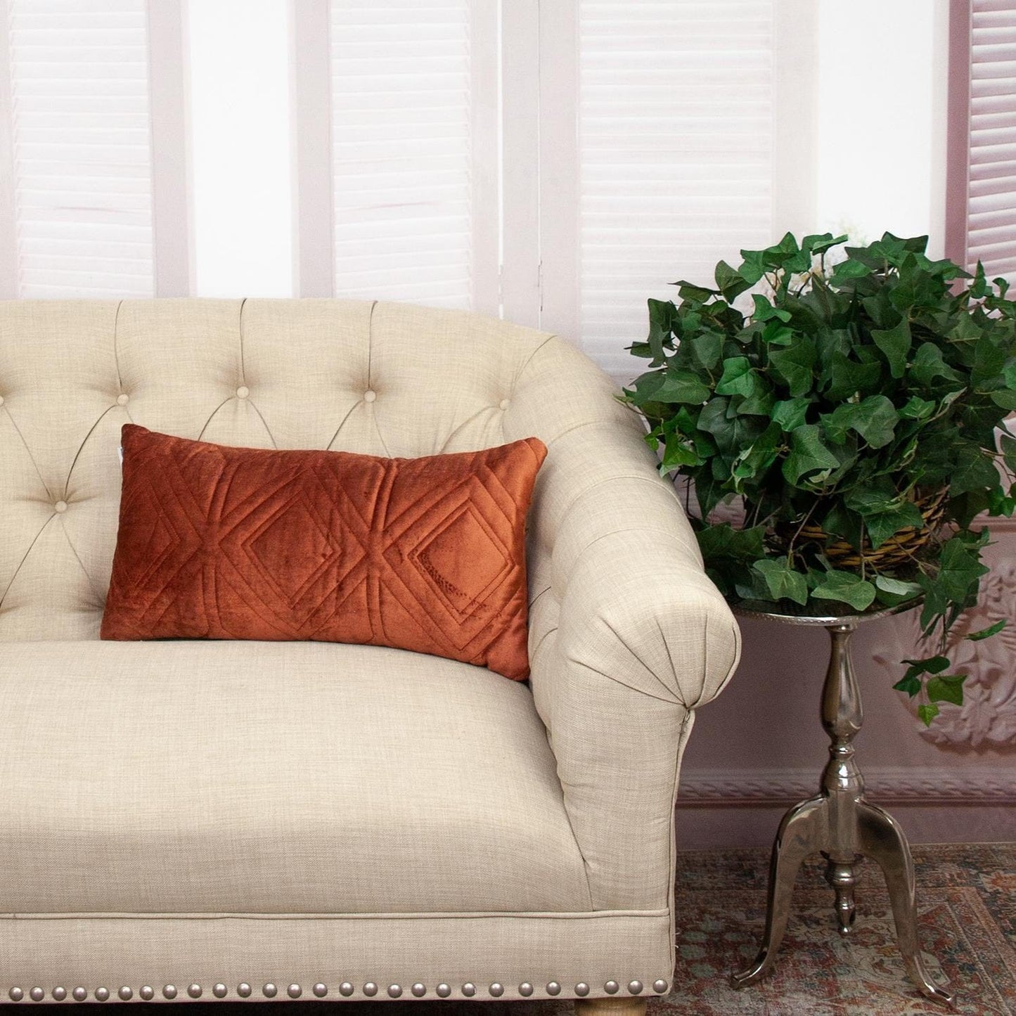 Burnt Orange Quilted Diamonds Velvet Lumbar Pillow