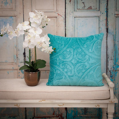 Aqua Quilted Velvet Square Throw Pillow