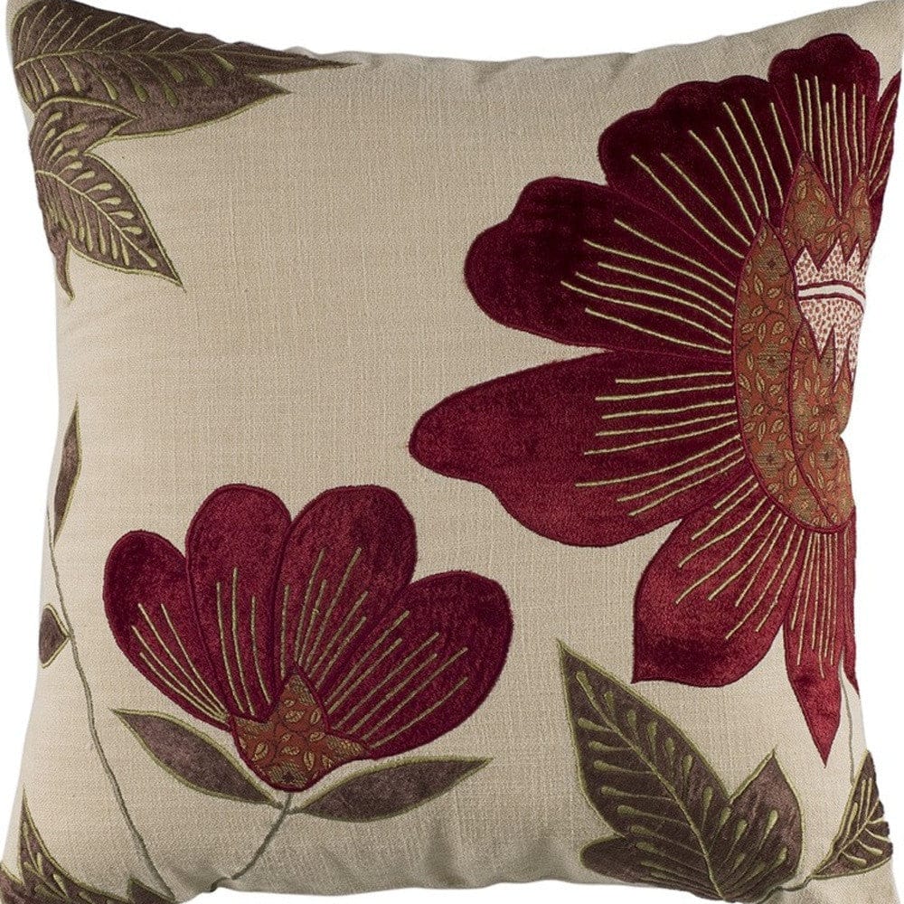 Red Beige Floral Down Filled Throw Pillow