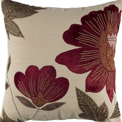 Red Beige Floral Down Filled Throw Pillow