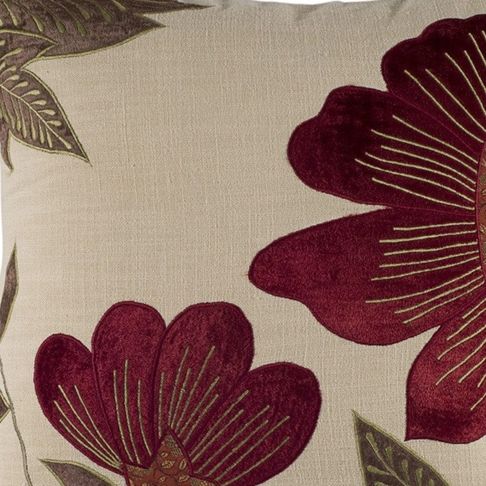 Red Beige Floral Down Filled Throw Pillow