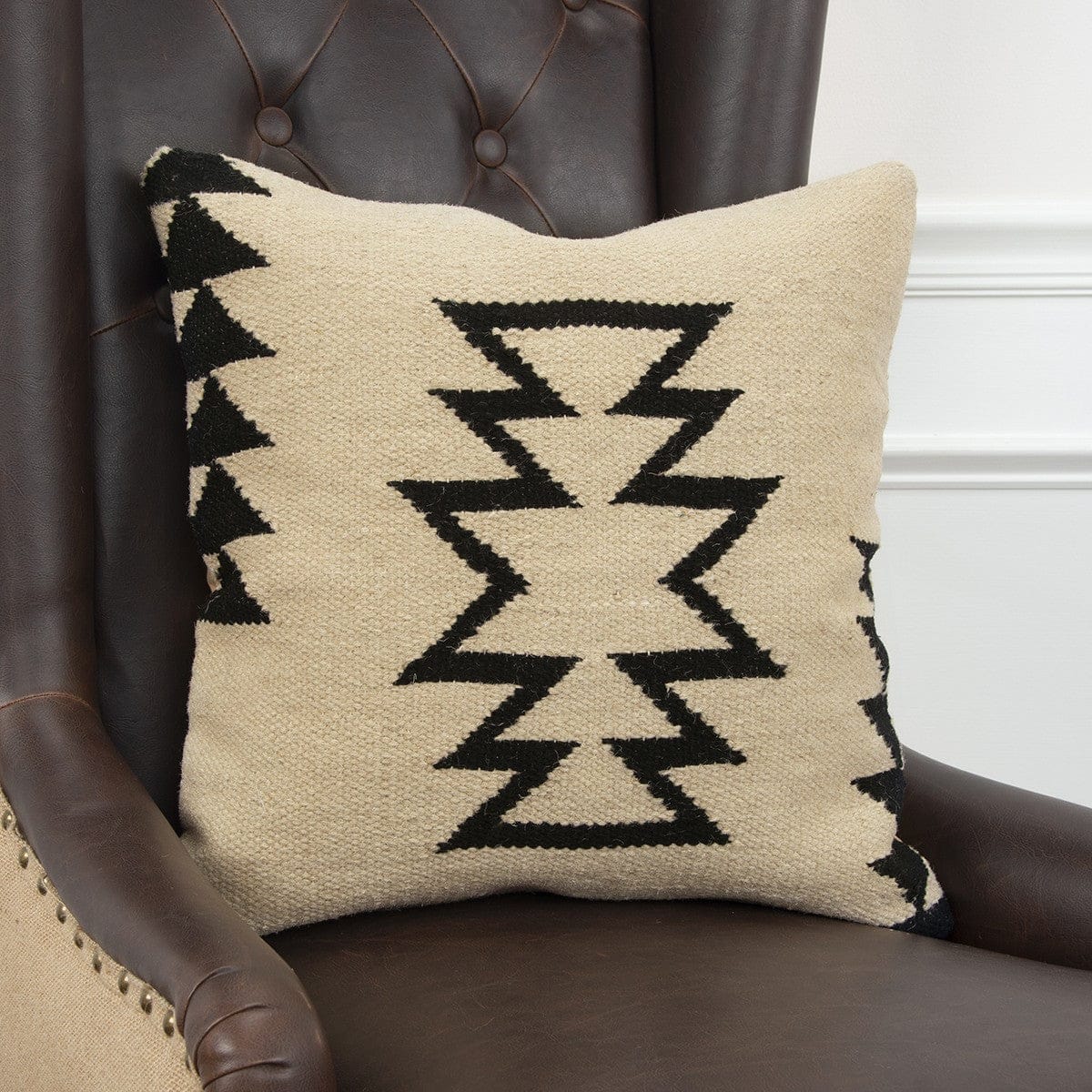 Beige Black Tribal Motif Down Filled Throw Pillow