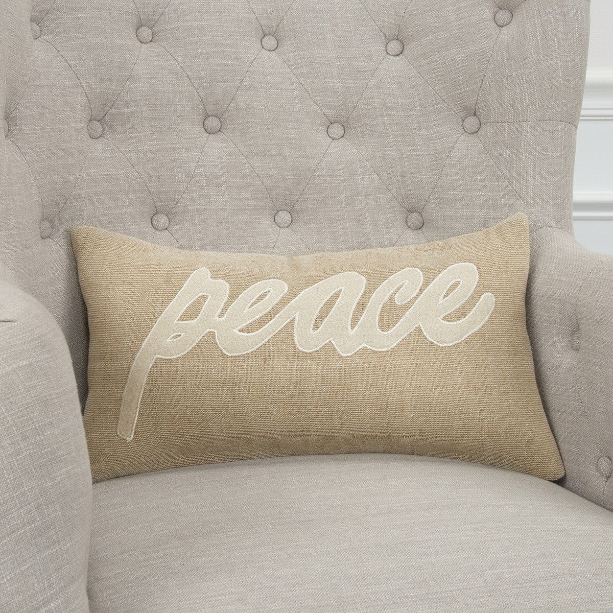Tan Peace Felt Applique Burlap Throw Pillow