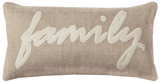 Tan Family Felt Applique Burlap Throw Pillow