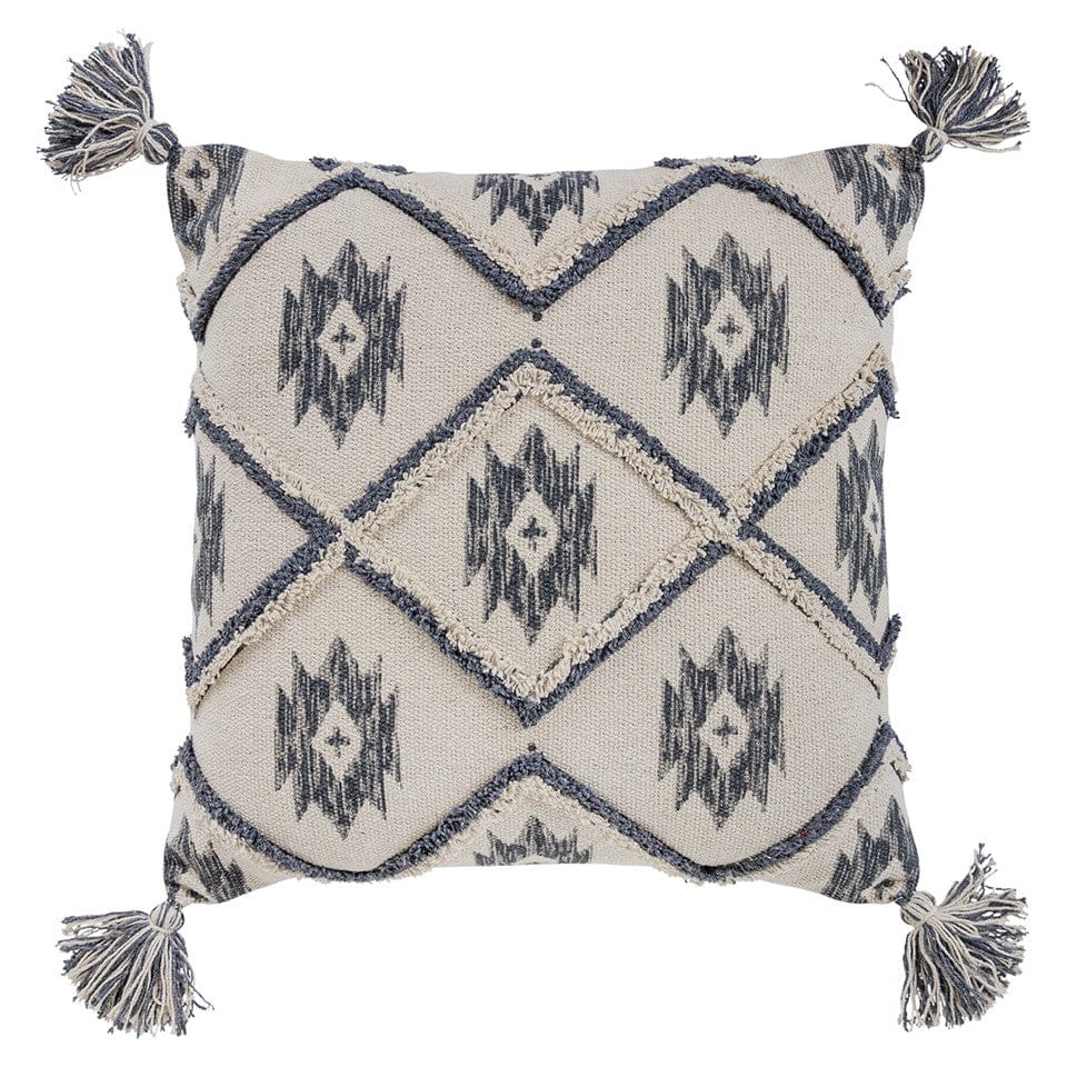 Gray Cream Tasseled Ikat Pattern Throw Pillow