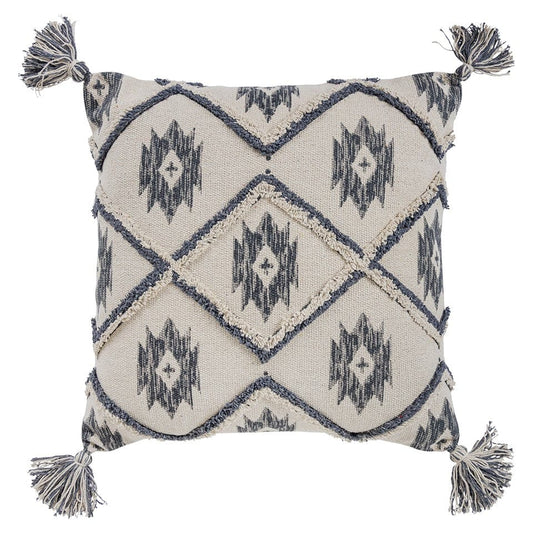 Gray Cream Tasseled Ikat Pattern Throw Pillow