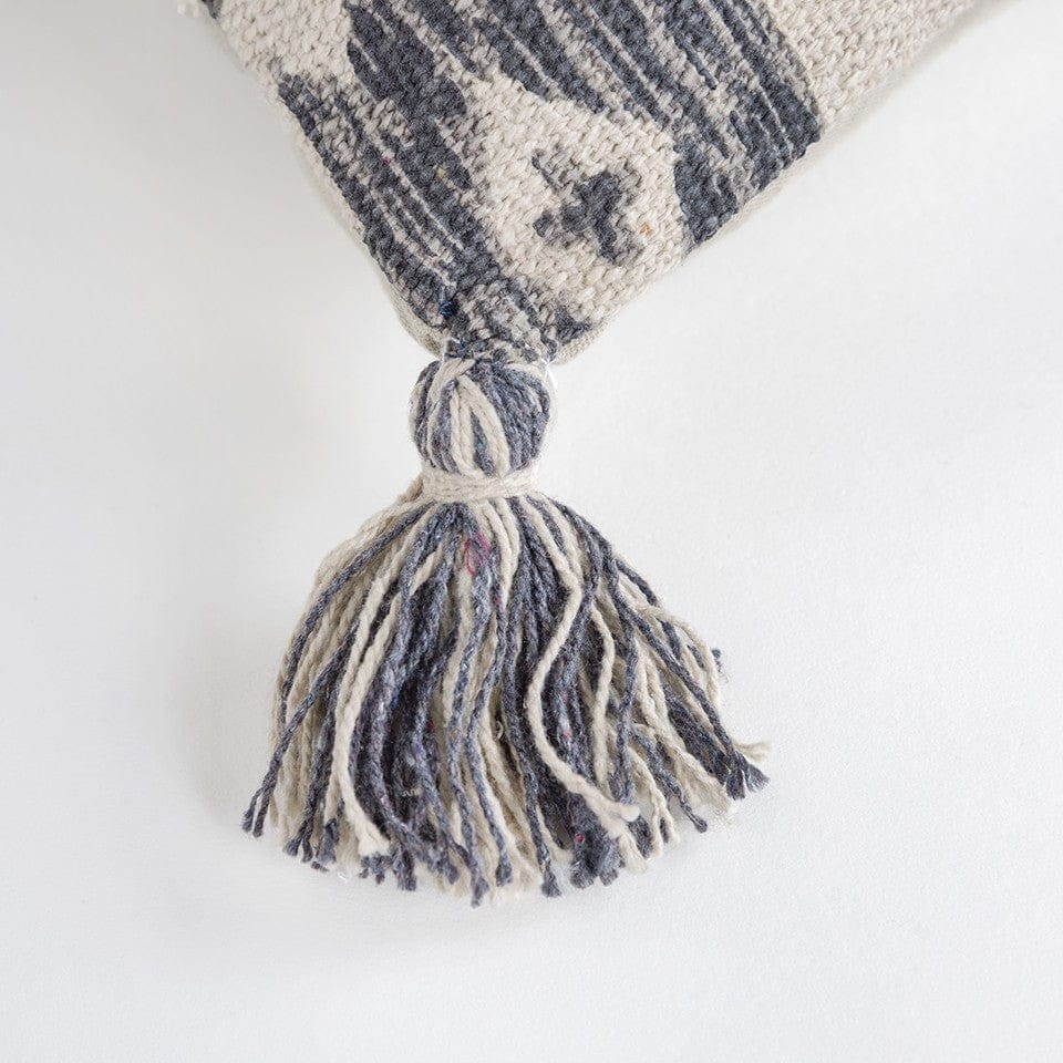 Gray Cream Tasseled Ikat Pattern Throw Pillow