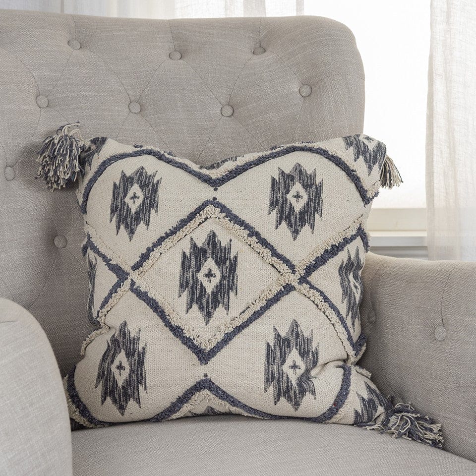 Gray Cream Tasseled Ikat Pattern Throw Pillow
