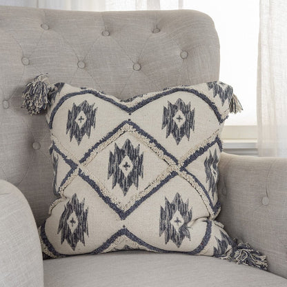 Gray Cream Tasseled Ikat Pattern Throw Pillow