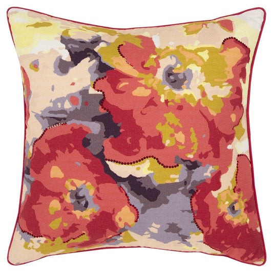 Red Gold Poppy Floral Throw Pillow