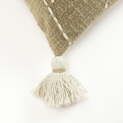 Khaki Cream Kantha Stitch Tasseled Throw Pillow