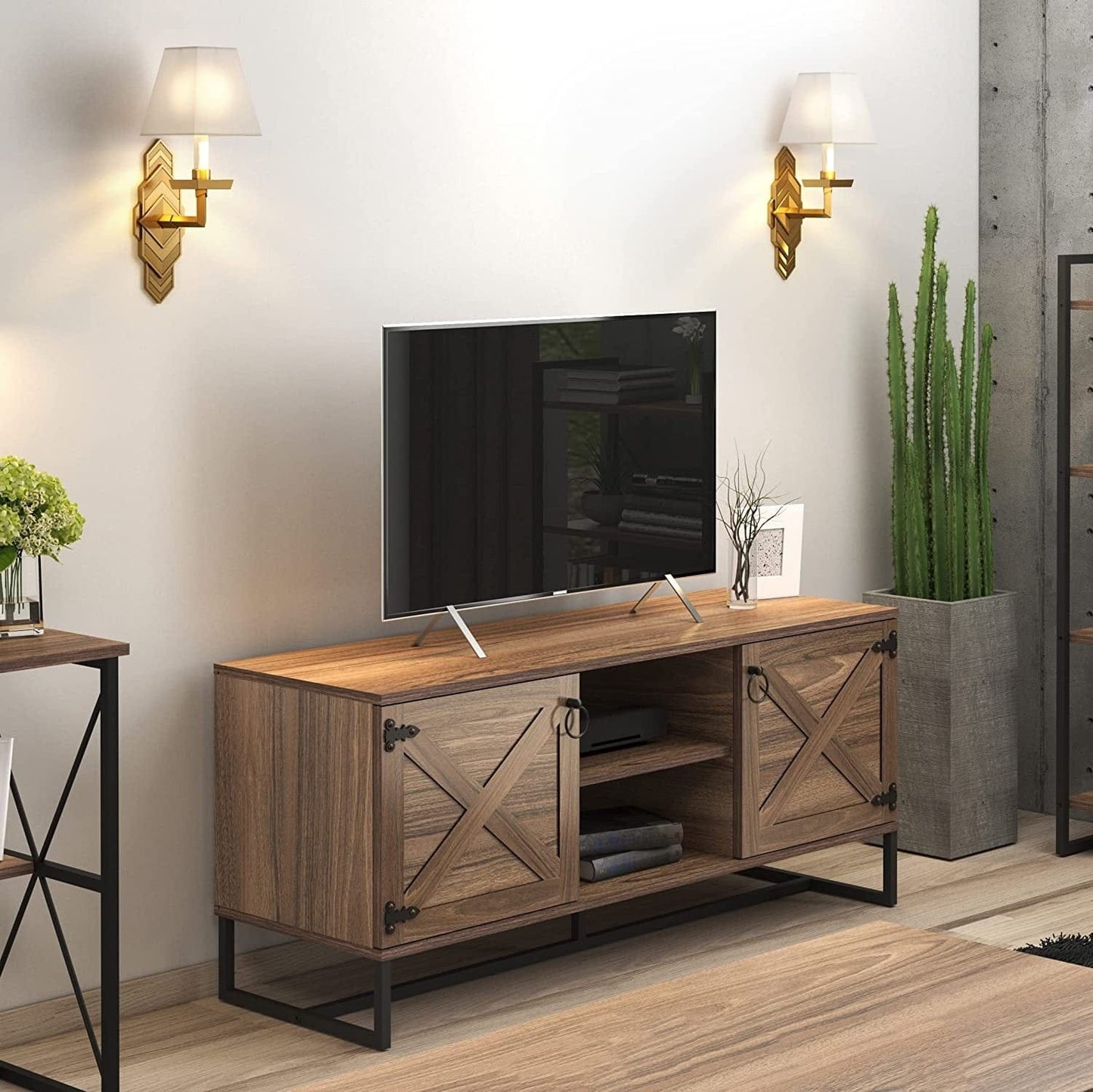 Modern Farm Style Wood Grain and Black TV Media Stand