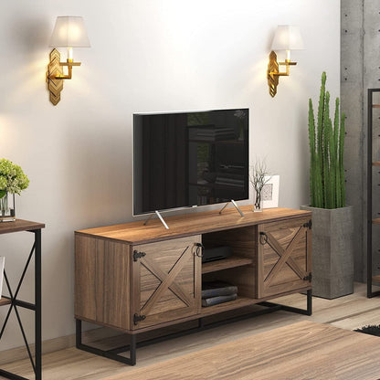 Modern Farm Style Wood Grain and Black TV Media Stand