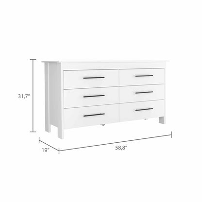 58" White Six Drawer Double Dresser