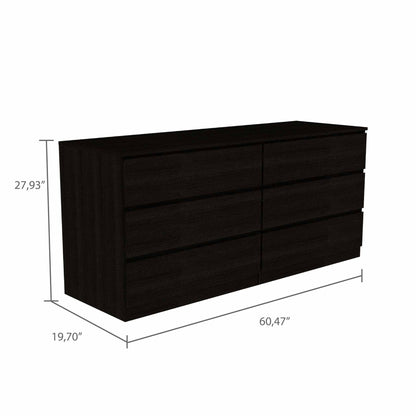 60" Black Six Drawer Double Dresser