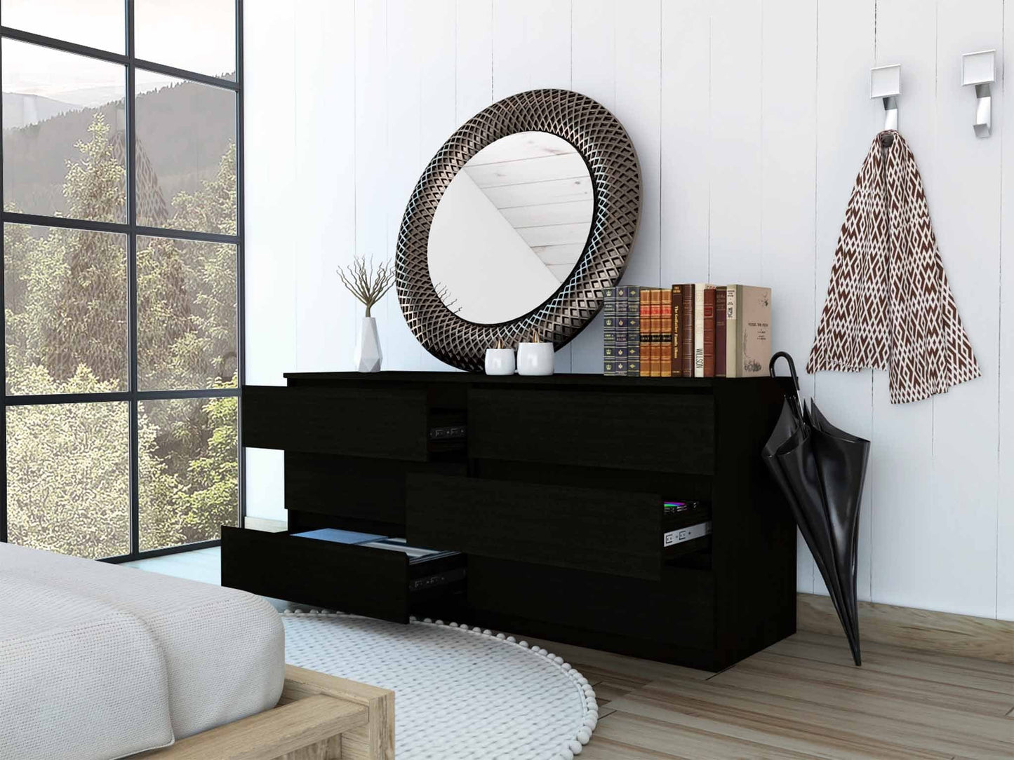 60" Black Six Drawer Double Dresser