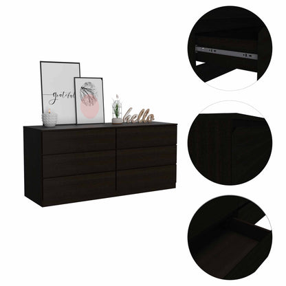 60" Black Six Drawer Double Dresser
