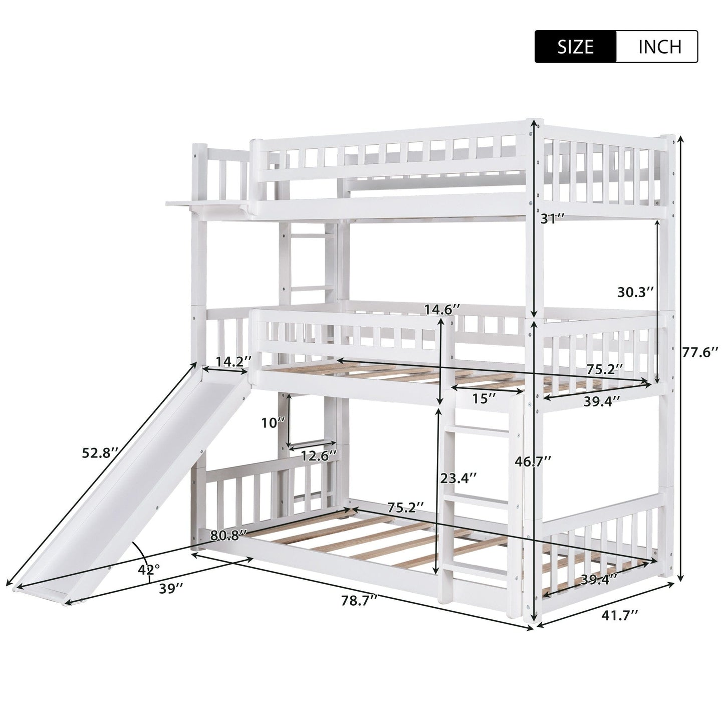 White Triple Twin Size Ladder Bunk Bed