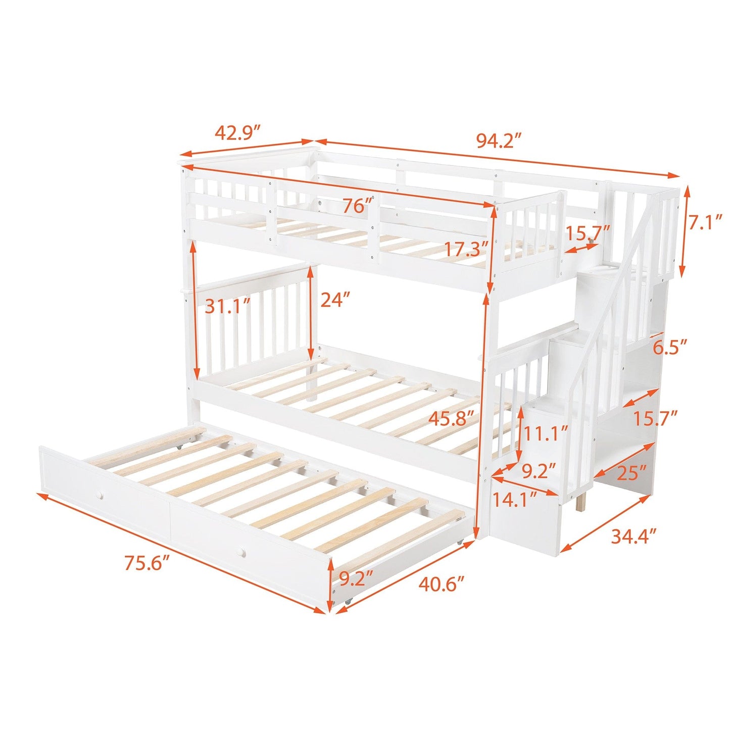 White Double Twin Size Stairway Bunk Bed