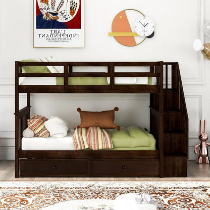 Brown Double Twin Size Stairway Bunk Bed