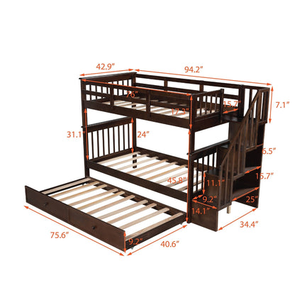 Brown Double Twin Size Stairway Bunk Bed
