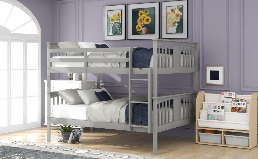 Full over Full Bunk Bed with  Ladder for Bedroom Guest Room Furniture-Gray