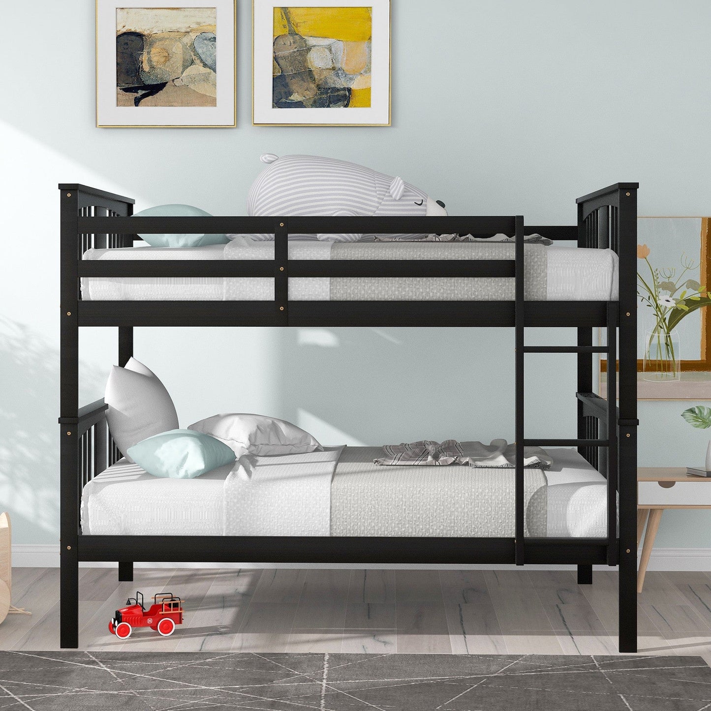Full over Full Bunk Bed with  Ladder for Bedroom Guest Room Furniture-Espresso