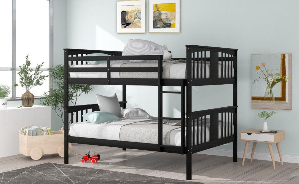 Full over Full Bunk Bed with  Ladder for Bedroom Guest Room Furniture-Espresso