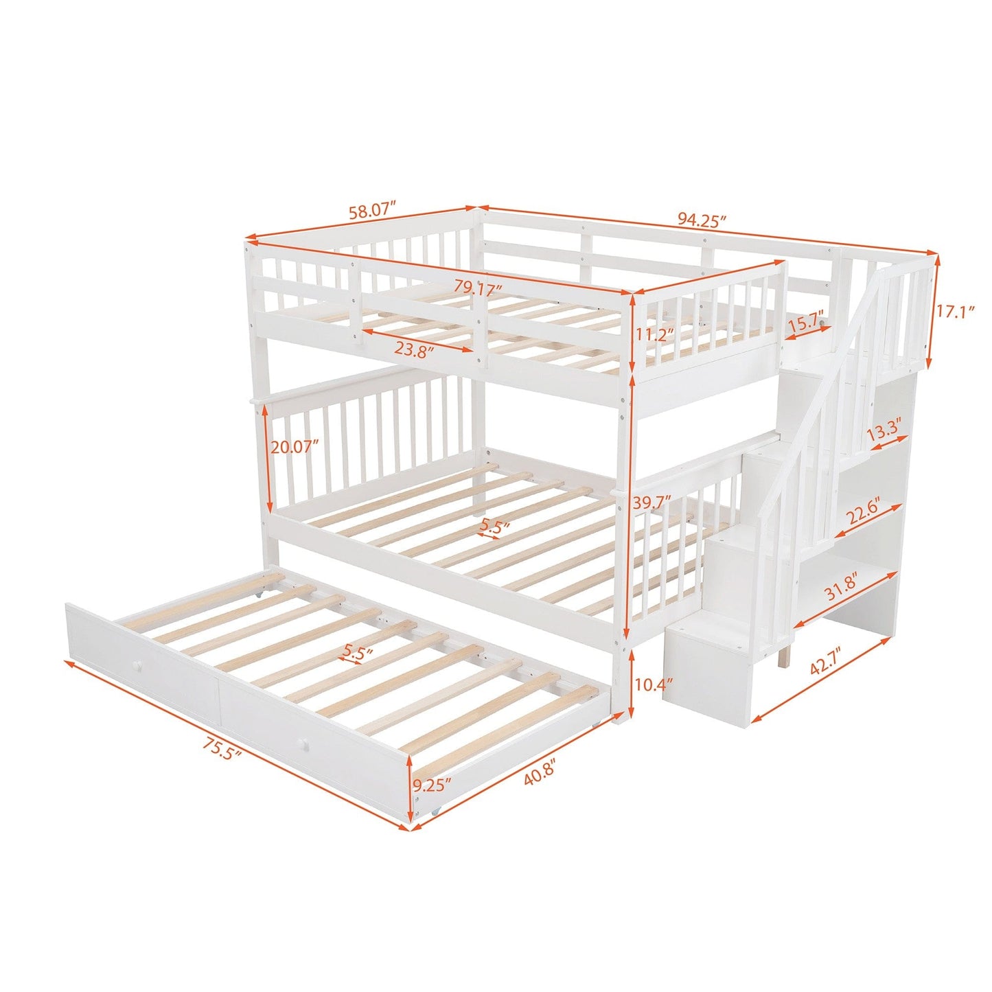 White Full Over Full Bunk Bed with Stairway Drawers and Trundle