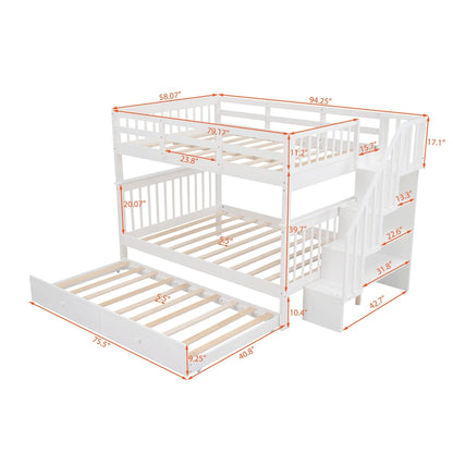 White Full Over Full Bunk Bed with Stairway Drawers and Trundle
