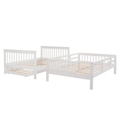 White Full Over Full Bunk Bed with Stairway Drawers and Trundle