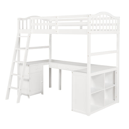 Modern Classic White Twin Loft Bed with Book Shelf  Desk and Cabinet