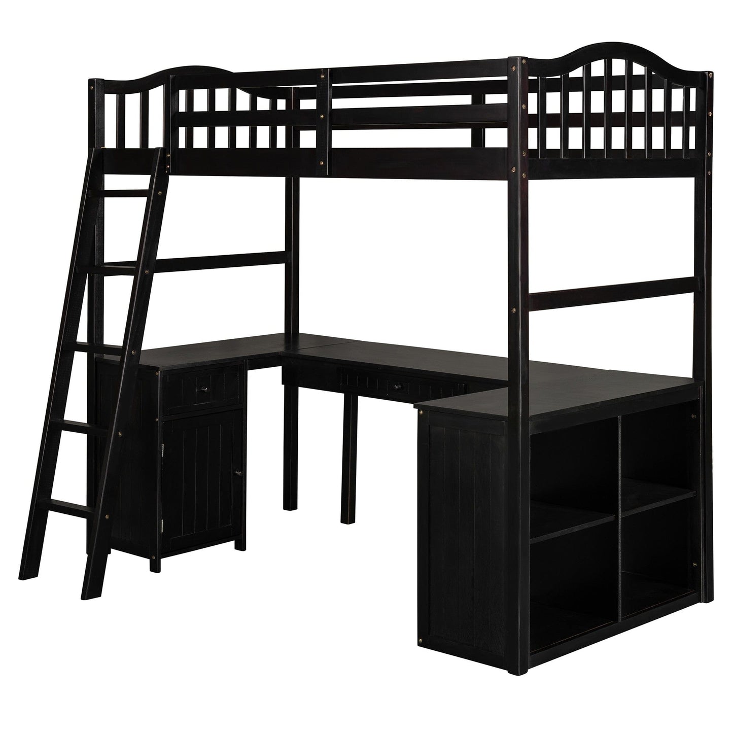 Modern Classic Dark Brown Twin Loft Bed with Book Shelf  Desk and Cabinet
