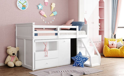 White Twin Size Low Loft Bed With Portable Desk
