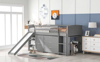 Gray Twin Size Low Loft Bed With Cabinets and Slide