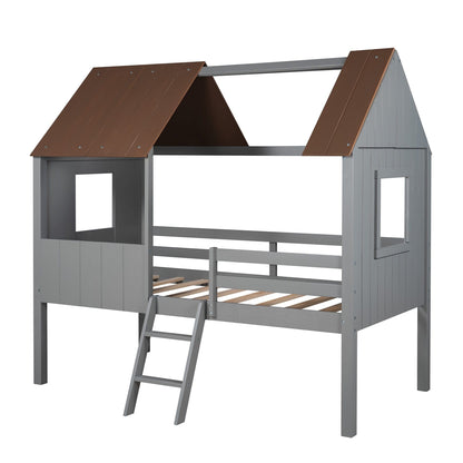 Playhouse with Windows and Partial Roof Antique Gray Twin Size Loft Bed