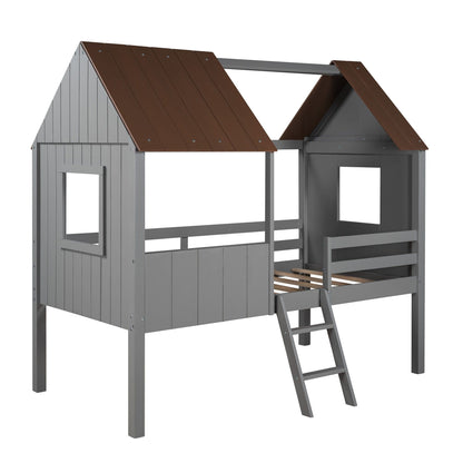 Playhouse with Windows and Partial Roof Antique Gray Twin Size Loft Bed