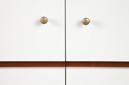 White Mid Century Mod TV Console with Acorn Accents