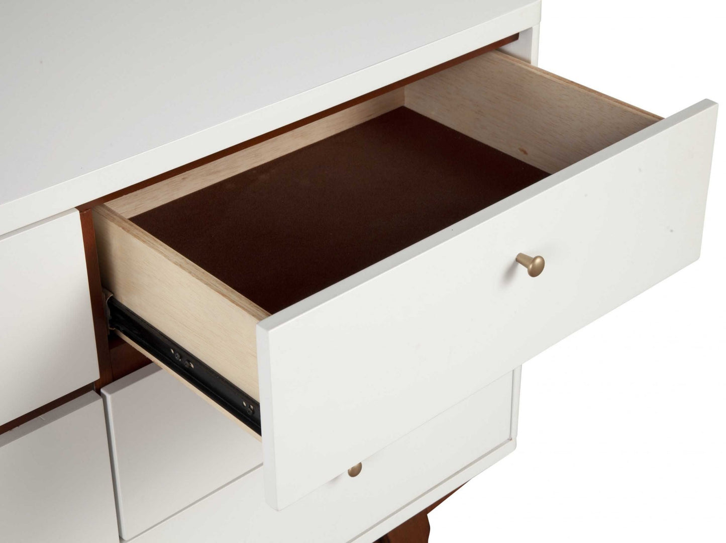 White Mid Century Mod TV Console with Acorn Accents