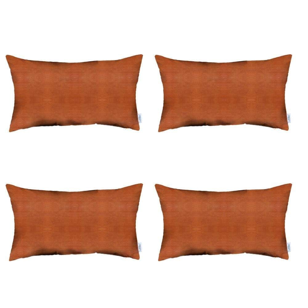Set Of Four 12" X 12" Brown Solid Color Handmade Faux Leather Lumbar Pillows