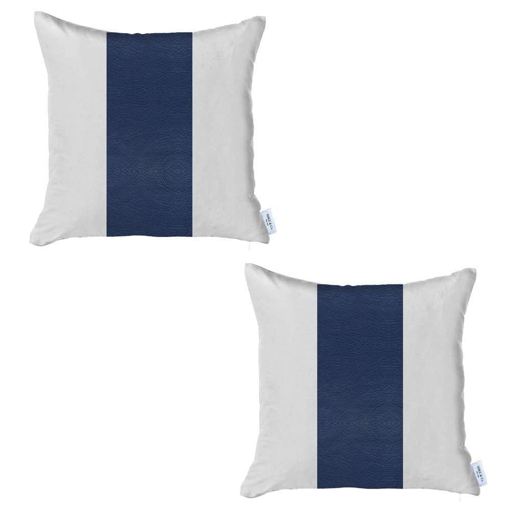 Set Of Two 17" X 17" Navy Blue Solid Color Zippered Handmade Faux Leather Throw Pillow Cover