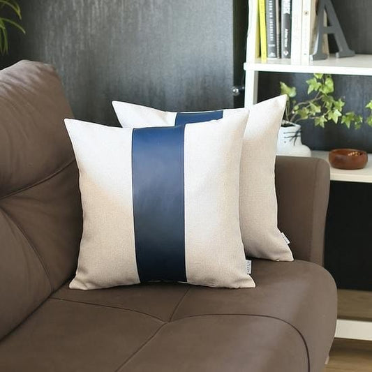 Set Of Two 18" X 18" Navy Blue Solid Color Zippered Handmade Faux Leather Throw Pillow
