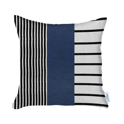20" X 20" Navy Blue Striped Zippered Handmade Faux Leather Throw Pillow Cover