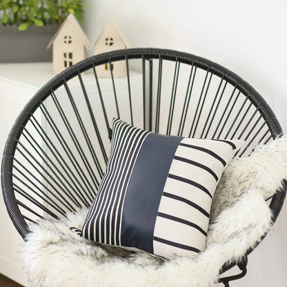 20" X 20" Navy Blue Striped Zippered Handmade Faux Leather Throw Pillow