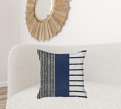 20" X 20" Navy Blue Striped Zippered Handmade Faux Leather Throw Pillow